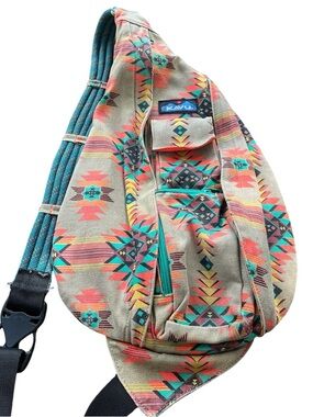 Kavu Beige Sling Pack with Teal & Coral Aztec Print Crossbody